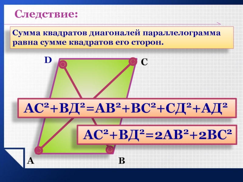 Докажите что диагонали квадрата. Теорема о сумме квадратов диагоналей параллелограмма. Сумма квадратов диагоналей параллелограмма равна сумме. Теорема о сумме квадратов диагоналей. Свойство диагоналей параллелограмма сумма квадратов.