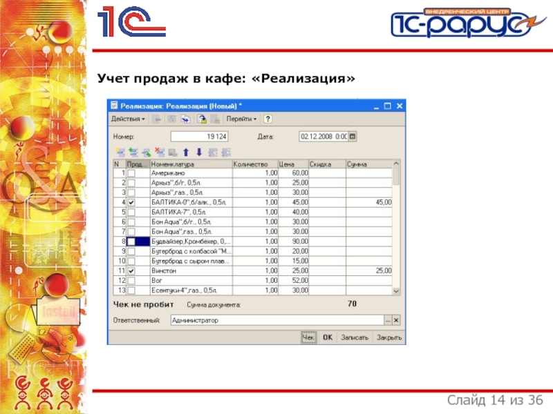 Ведущее 1с. Учет продаж. Учет в кафе. Учет товаров в кафе. Учет продуктов в кафе.