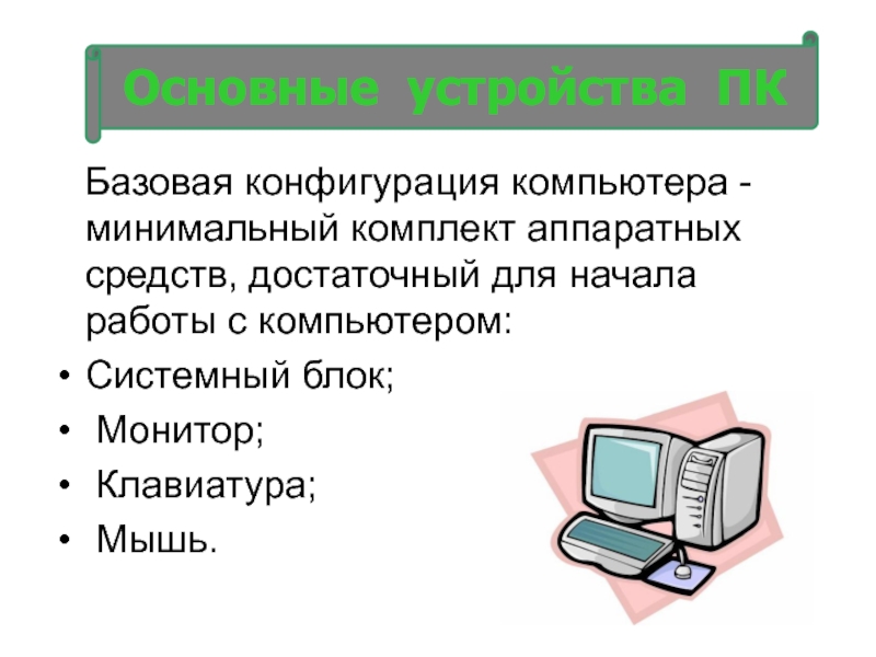 В какой строке перечислен минимальный набор устройств персонального компьютера