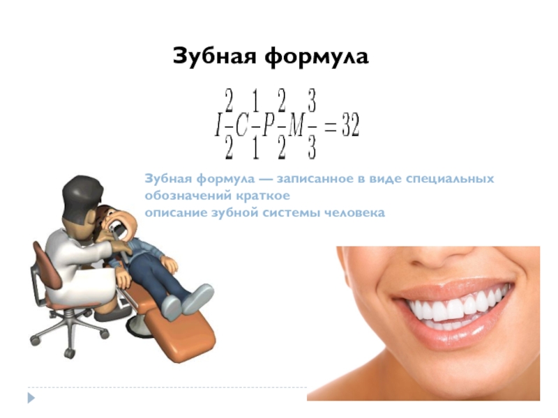 Зубная формула Зубная формула — записанное в виде специальных обозначений краткое описание зубной системы человека
