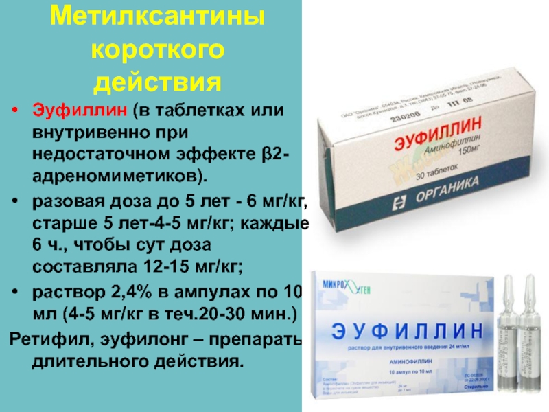 Метилксантины короткого действия Эуфиллин (в таблетках или внутривенно при недостаточном эффекте β2-адреномиметиков). разовая доза до 5 лет