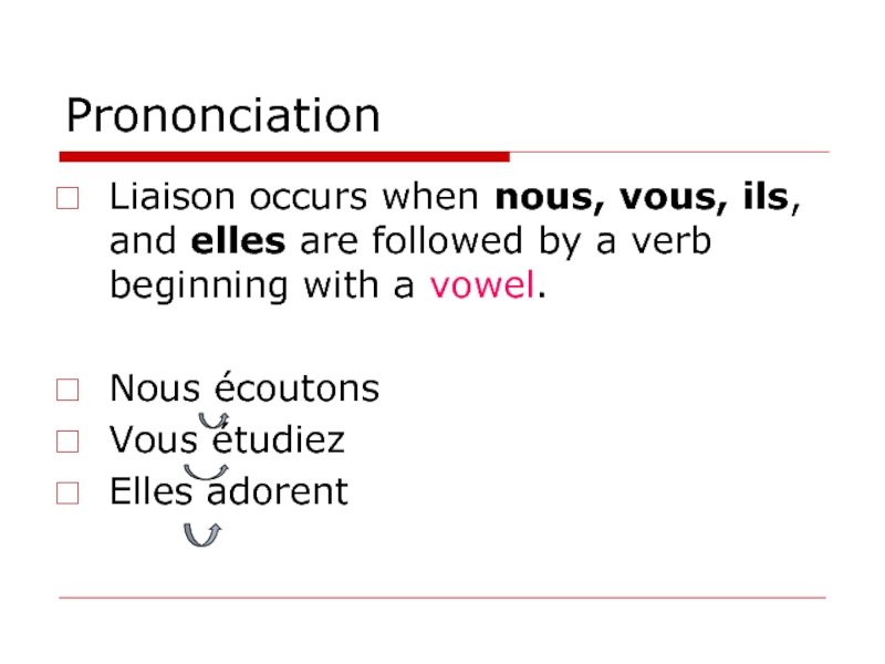Prononciation Liaison occurs when nous, vous, ils, and elles are followed by a verb beginning with a