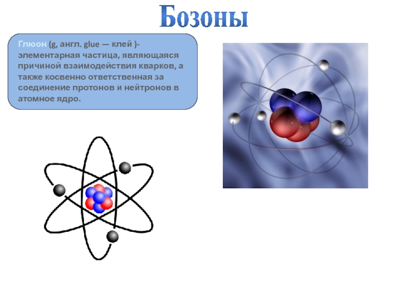 Глюон (g, англ. glue — клей )- элементарная частица, являющаяся причиной взаимодействия кварков, а также косвенно ответственная
