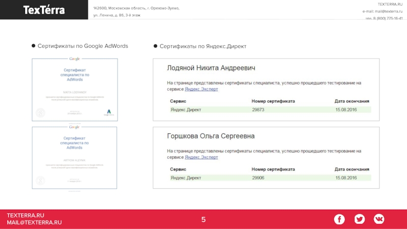TEXTERRA.RU MAIL@TEXTERRA.RU Сертификаты по Google AdWords   Сертификаты по Яндекс.Директ