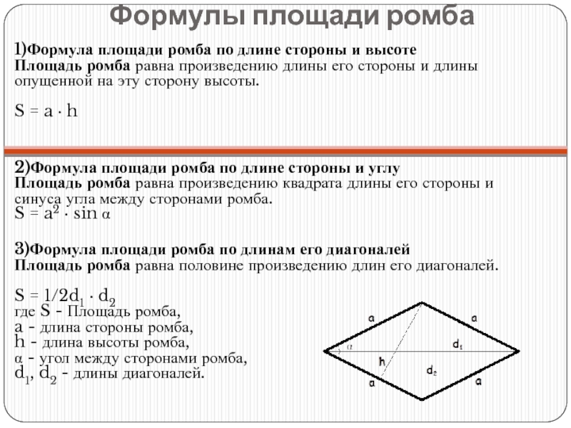 Площадь ромба 1 1. Формула нахождения площади ромба по углу и стороне. Формула нахождения площади ромба 8 класс. Формулы площади ромба по длине стороны и высоты. Ромб вывод формулы площади ромба.