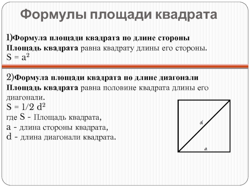 Площадь квадрата равна произведению его сторон. Площадь квадрата формулировка. Площадь квадрата формула. Все формулы площади квадрата. Площадь квадрата равна квадрату длины его стороны.