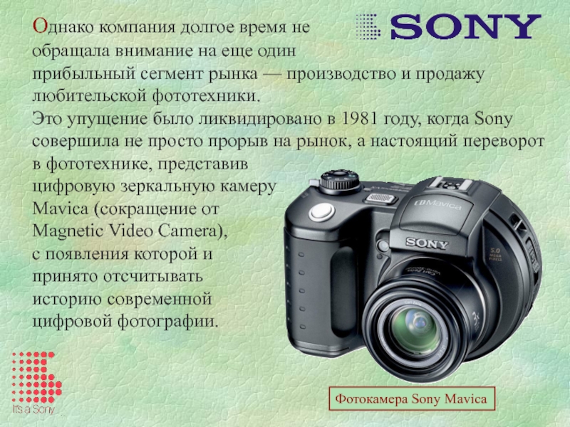Рассказ сони кратко. Рекомендации для компании Sony. Маркировка фотоаппаратов. История развития компании Sony. Презентация о компании Sony.