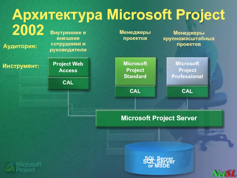 Архитектура Microsoft Project 2002 Менеджеры проектов Аудитория: Инструмент: Внутренние и