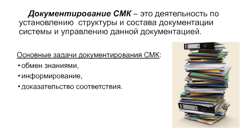 Документирование СМК – это деятельность по установлению структуры и состава документации