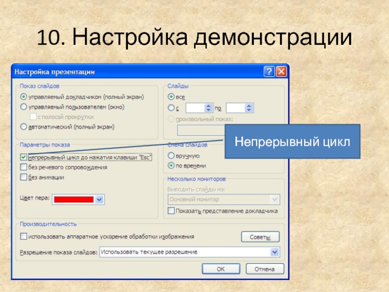 Способ выхода из полноэкранного показа презентации запущенной по непрерывному циклу