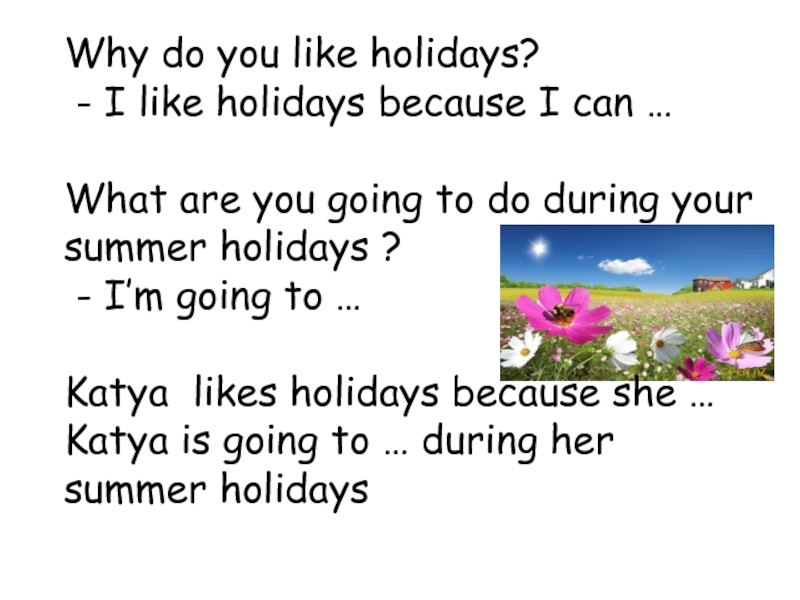 Why do you like holidays?    - I like holidays because I can …