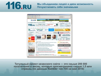 Титульный проект казанского сайта — это свыше 200 000  посетителей в месяц, которые просматривают свыше 1,5 млн страниц (по данным Rambler топ-100 на май 2010)