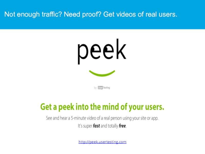 Not enough traffic? Need proof? Get videos of real users. http://peek.usertesting.com