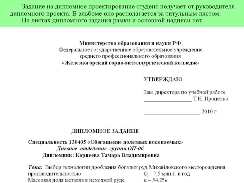 Лист задания на дипломную работу образец