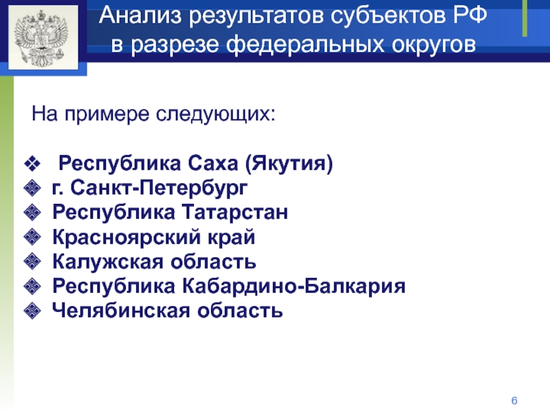 Анализ результатов субъектов РФ в разрезе федеральных округовНа примере следующих: Республика