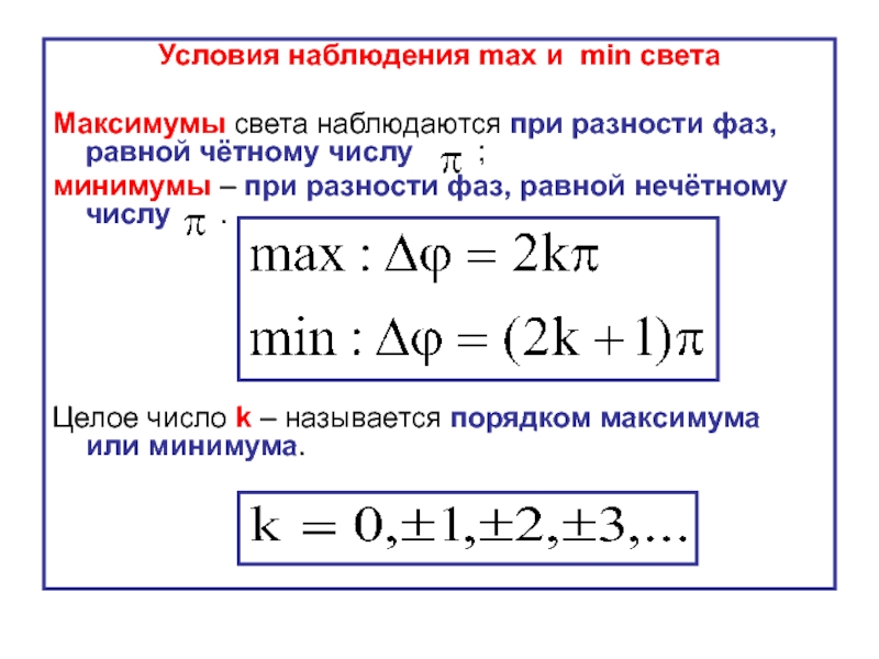 Выведите условия максимума и минимума интенсивности интерференционной картины