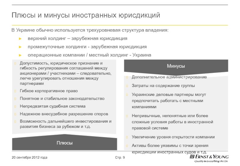 В Украине обычно используется трехуровневая структура владения:верхний холдинг – зарубежная юрисдикцияпромежуточные