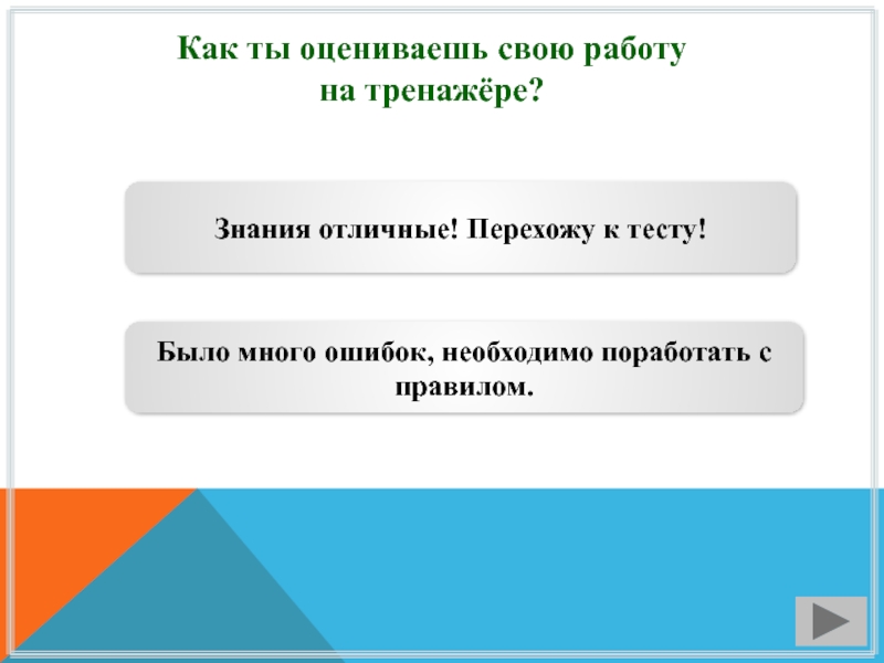 Как ты оцениваешь свою работу  на тренажёре? Знания отличные! Перехожу к