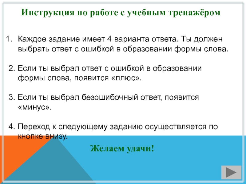 Инструкция по работе с учебным тренажёром Каждое задание имеет 4 варианта ответа.