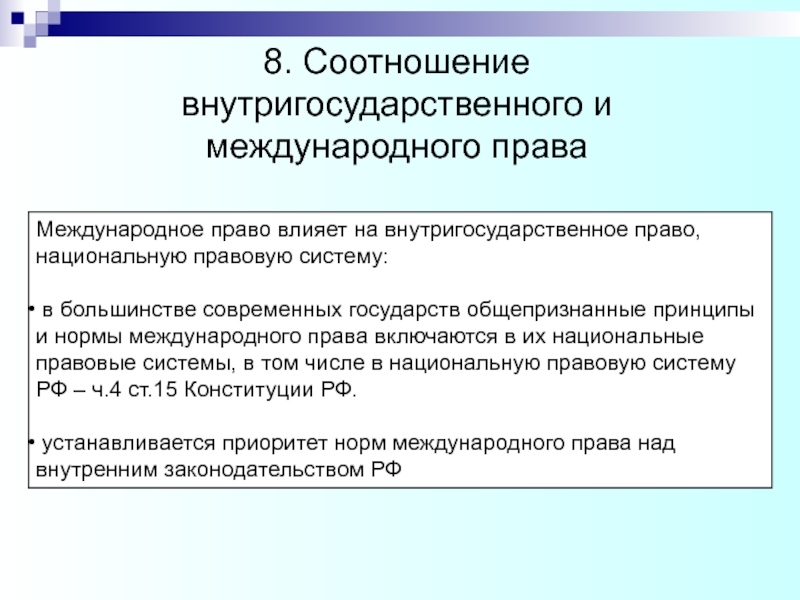 Влияние законодательства. Взаимодействие международного и внутригосударственного права. Соотношение международного и внутригосударственного права. Соотношение международного и национального права. Взаимосвязь международного и национального права.