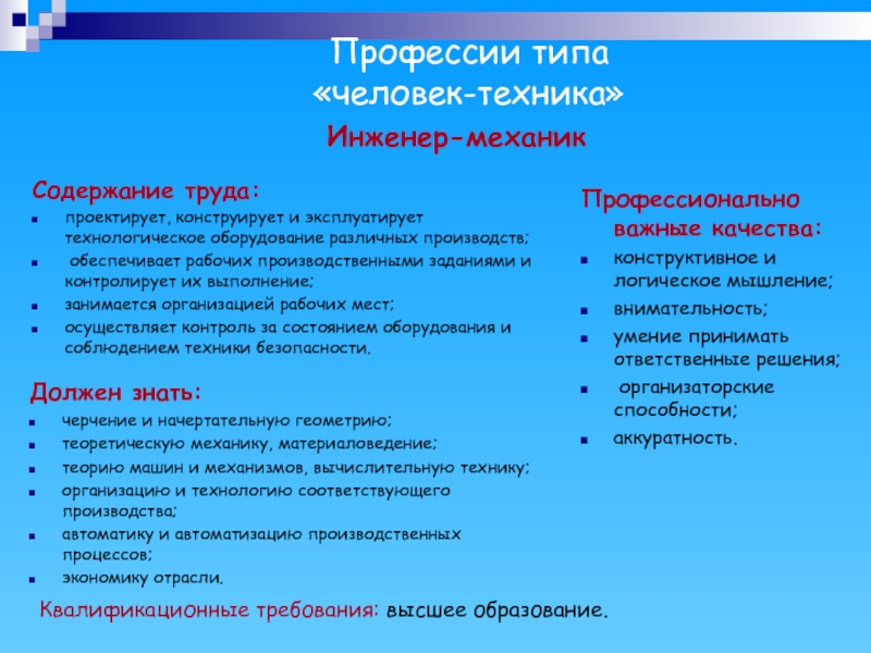 Механик содержание. Профессии требующие высшего образования. Инженер Тип профессии. Инженеоквалификационные требования. Качества типа человек человек.