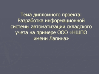 Тема дипломного проекта: Разработка информационной системы автоматизации складского учета на примере ООО НШПО имени Лапина