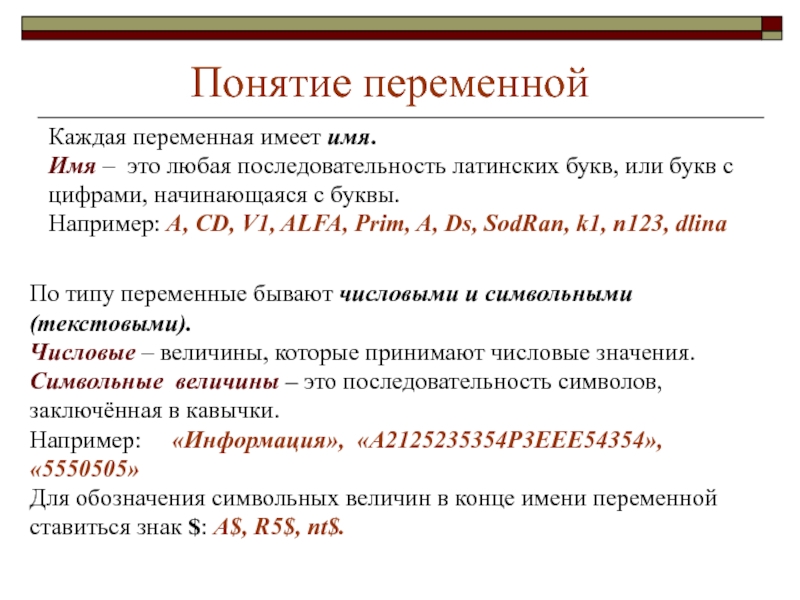 Символьная величина. Понятие переменной. Понятие переменные. Понятие переменной в программировании.