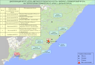 ДИСЛОКАЦИЯ ФГУП СПО МЕТАЛЛУРГБЕЗОПАСНОСТЬ ФИЛИАЛ ПРИМОРСКИЙ ВГСО
НА ТЕРРИТОРИИ ПРИМОРСКОГО КРАЯ (г. ДАЛЬНЕГОРСК)