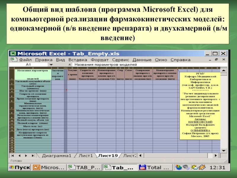 Общий вид шаблона (программа Microsoft Excel) для компьютерной реализации фармакокинетических моделей: однокамерной