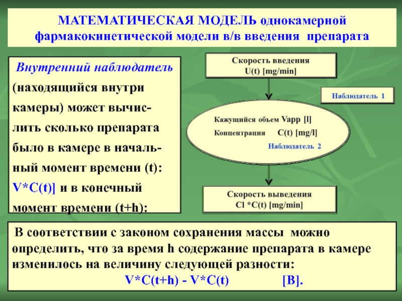 МАТЕМАТИЧЕСКАЯ МОДЕЛЬ однокамерной фармакокинетической модели в/в введения препарата  Внутренний наблюдатель (находящийся