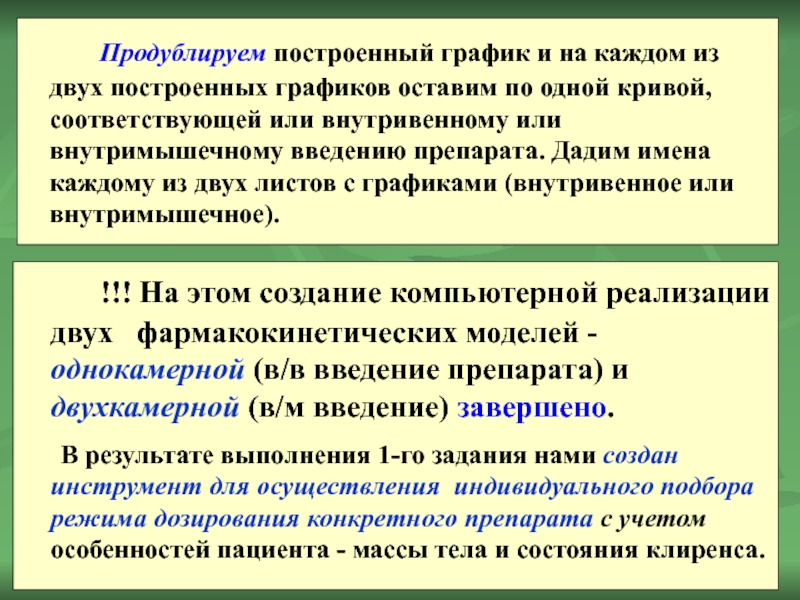 !!! На этом создание компьютерной реализации двух  фармакокинетических моделей - однокамерной