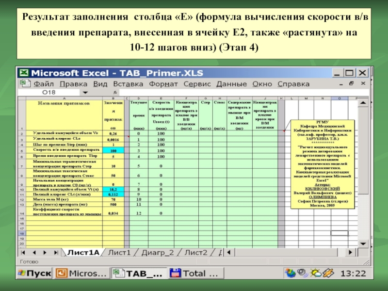 Результат заполнения столбца «Е» (формула вычисления скорости в/в введения препарата, внесенная в
