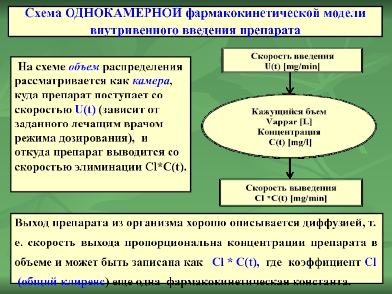 Схема ОДНОКАМЕРНОЙ фармакокинетической модели внутривенного введения препарата  На схеме объем распределения