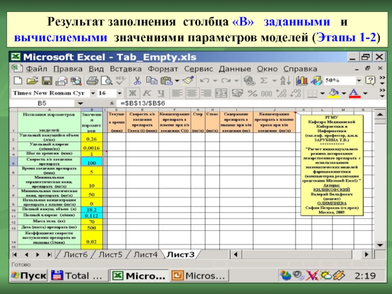 Результат заполнения столбца «В»  заданными  и вычисляемыми значениями параметров моделей (Этапы 1-2)