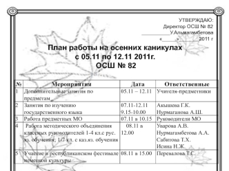 План работы на осенних каникулах
с 05.11 по 12.11 2011г.
 ОСШ № 82