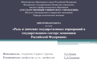 Исполнитель:  студентка 5 курса 1 группы                 Е.Г.Лозюк
Руководитель: профессор, д.э.н., профессор              С.А.Толкачев