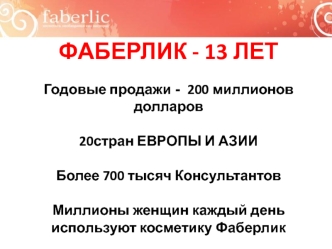 ФАБЕРЛИК - 13 ЛЕТ

Годовые продажи -  200 миллионов долларов

20стран ЕВРОПЫ И АЗИИ

Более 700 тысяч Консультантов

Миллионы женщин каждый день 
используют косметику Фаберлик