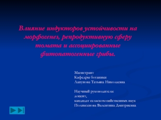 Влияние индукторов устойчивости на морфогенез, репродуктивную сферу томата и ассоциированные фитопатогенные грибы.