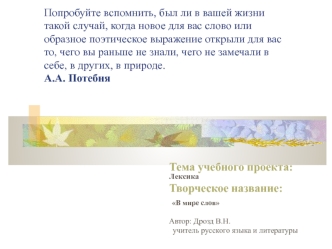 Тема учебного проекта: Лексика
Творческое название:
 В мире слов

Автор: Дрозд В.Н.
учитель русского языка и литературы