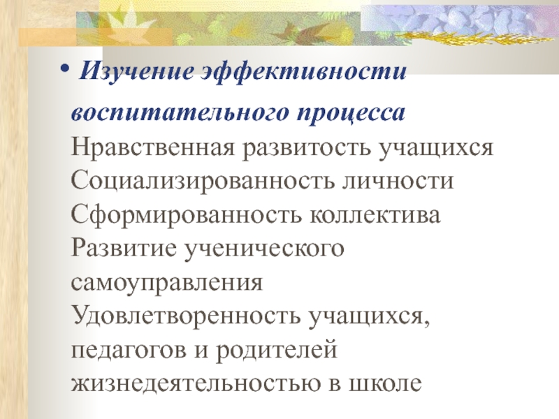 Изучение эффективности воспитательного процесса Нравственная развитость учащихся Социализированность личности Сформированность коллектива Развитие