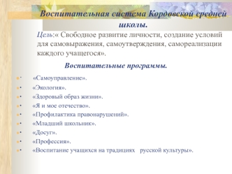 Воспитательная система Кордовской средней школы.
Цель: Свободное развитие личности, создание условий для самовыражения, самоутверждения, самореализации каждого учащегося.