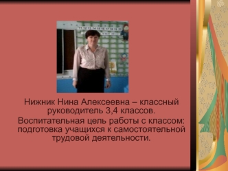 Нижник Нина Алексеевна – классный руководитель 3,4 классов.
Воспитательная цель работы с классом: подготовка учащихся к самостоятельной трудовой деятельности.