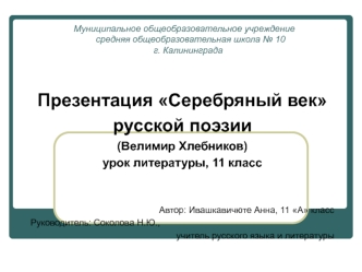 Презентация Серебряный век
русской поэзии
(Велимир Хлебников)
урок литературы, 11 класс


Автор: Ивашкавичюте Анна, 11 А класс
Руководитель: Соколова Н.Ю.,
учитель русского языка и литературы