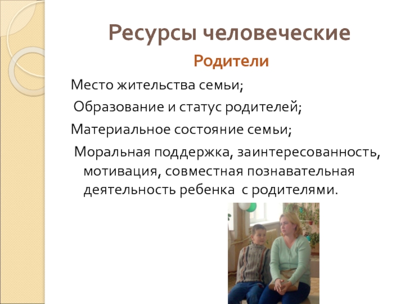 Ресурсы человеческиеРодителиМесто жительства семьи; Образование и статус родителей; Материальное состояние семьи; Моральная поддержка, заинтересованность, мотивация,