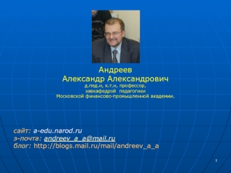 Андреев 
Александр Александрович
д.пед.н, к.т.н, профессор,
завкафедрой  педагогики 
Московской финансово-промышленной академии. 







сайт: a-edu.narod.ru 
э-почта: andreev_a_a@mail.ru
блог: http://blogs.mail.ru/mail/andreev_a_a