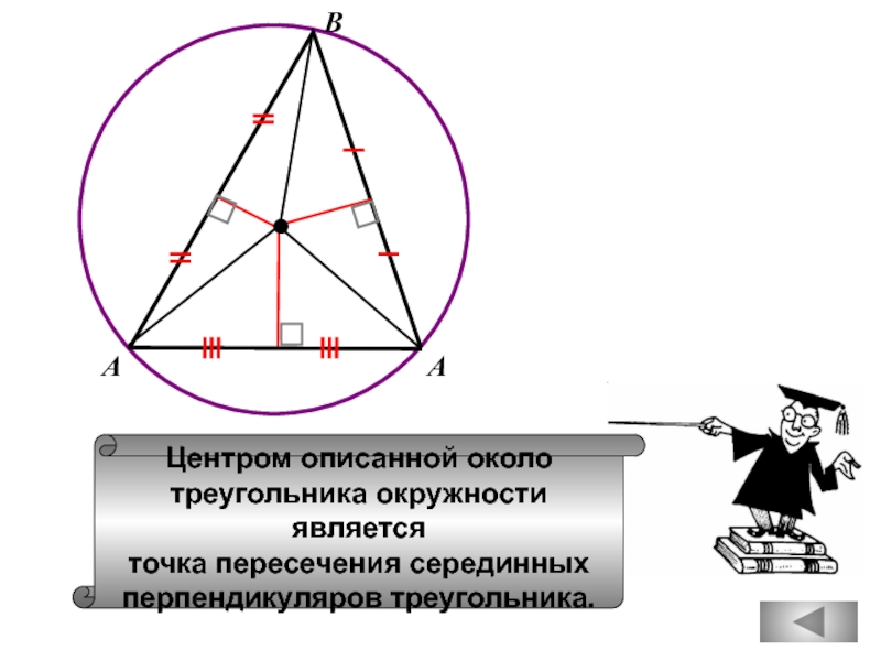 Точка центра окружности описанной около треугольника. Центр описанной около треугольника окружности это точка пересечения. Точка пересечения серединных перпендикуляров треугольника. Очка персечения середнных перпенликуляров треугольинка. Что является центром описанной около треугольника окружности.
