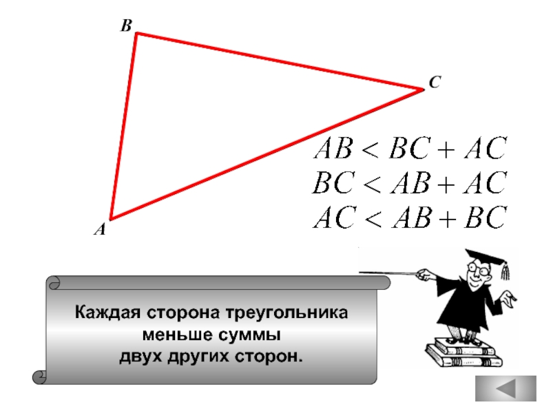 Длина каждой стороны треугольника меньше суммы. Каждая сторона треугольника меньше суммы двух других сторон. Сторона треугольника меньше суммы двух других. Каждая сторона треугольника суммы двух других сторон. Одна сторона треугольника меньше суммы двух других сторон.