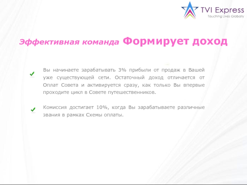 Эффективная команда Формирует доход Вы начинаете зарабатывать 3% прибыли от продаж в Вашей уже существующей