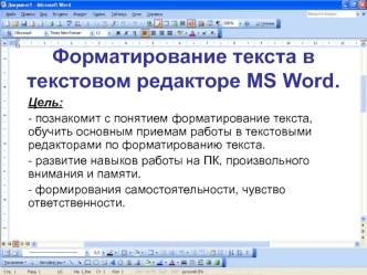 Форматирование текста в текстовом редакторе MS Word.