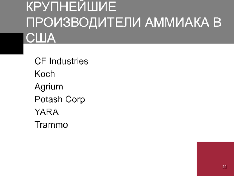 КРУПНЕЙШИЕ ПРОИЗВОДИТЕЛИ АММИАКА В США  CF Industries Koch Agrium Potash Corp YARA Trammo